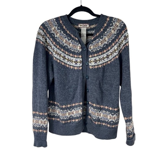 Tiara Sweaters - Tiara Cardigan Sweater Fair Isle Nordic Ski Blue Tan White Full Button Front L